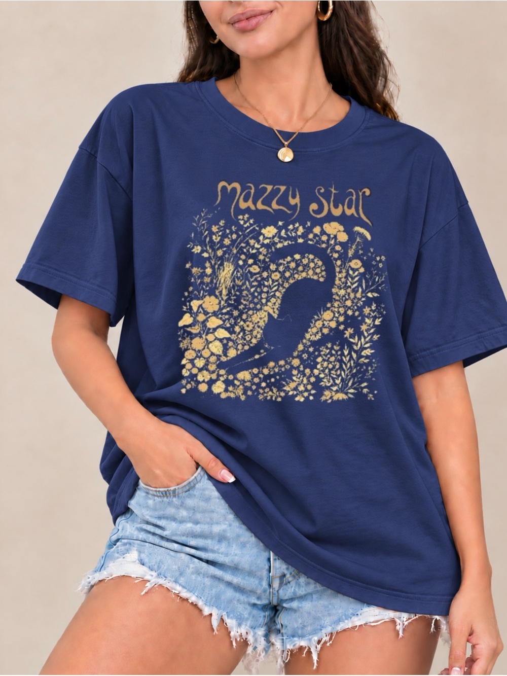 Gildan Navy Tee with Gold Floral Graphic